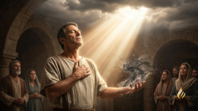 Imagem cinematográfica de um homem iluminado por uma luz celestial, representando a identidade em Cristo, adoção espiritual e a quebra das correntes do espírito de órfão.