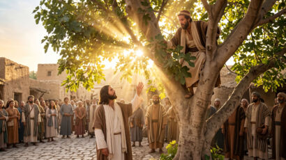 Uma fotografia panorâmica cinematográfica capturando a histórica cena bíblica de Jericó ao pôr do sol. No centro-esquerda, Jesus Cristo, vestido com túnicas históricas simples brancas e marrons, está de pé na base de um enorme e frondoso sicômoro (figueira). Ele tem uma expressão gentil e autoritária, olhando para cima com a mão direita levantada em um gesto de convite. No alto, nos galhos da árvore, Zaqueu, um homem com vestes bíblicas ligeiramente mais ricas, está sentado, olhando para baixo para Jesus com surpresa e alívio. Raios de sol dourados e intensos filtram-se pelas folhas da árvore, criando uma aura divina e esperançosa ao redor dos dois homens. No fundo, uma multidão curiosa observa a interação na rua de paralelepípedos e casas de barro antigas.