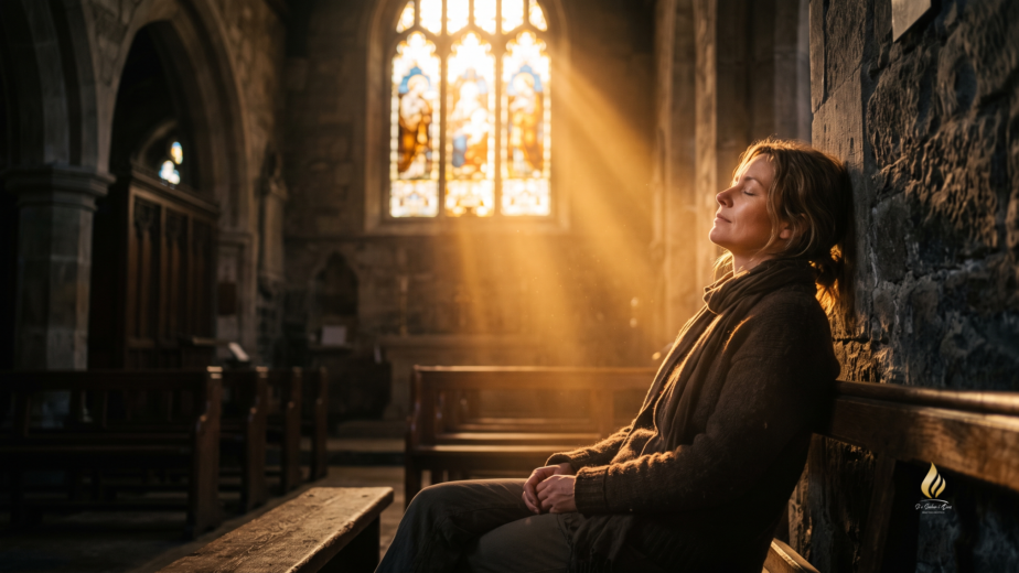 Imagem realista e cinematográfica de uma pessoa sendo banhada por uma luz divina quente e curadora, ilustrando o encontro do descanso para a sua alma cansada através do amor de Jesus Cristo.