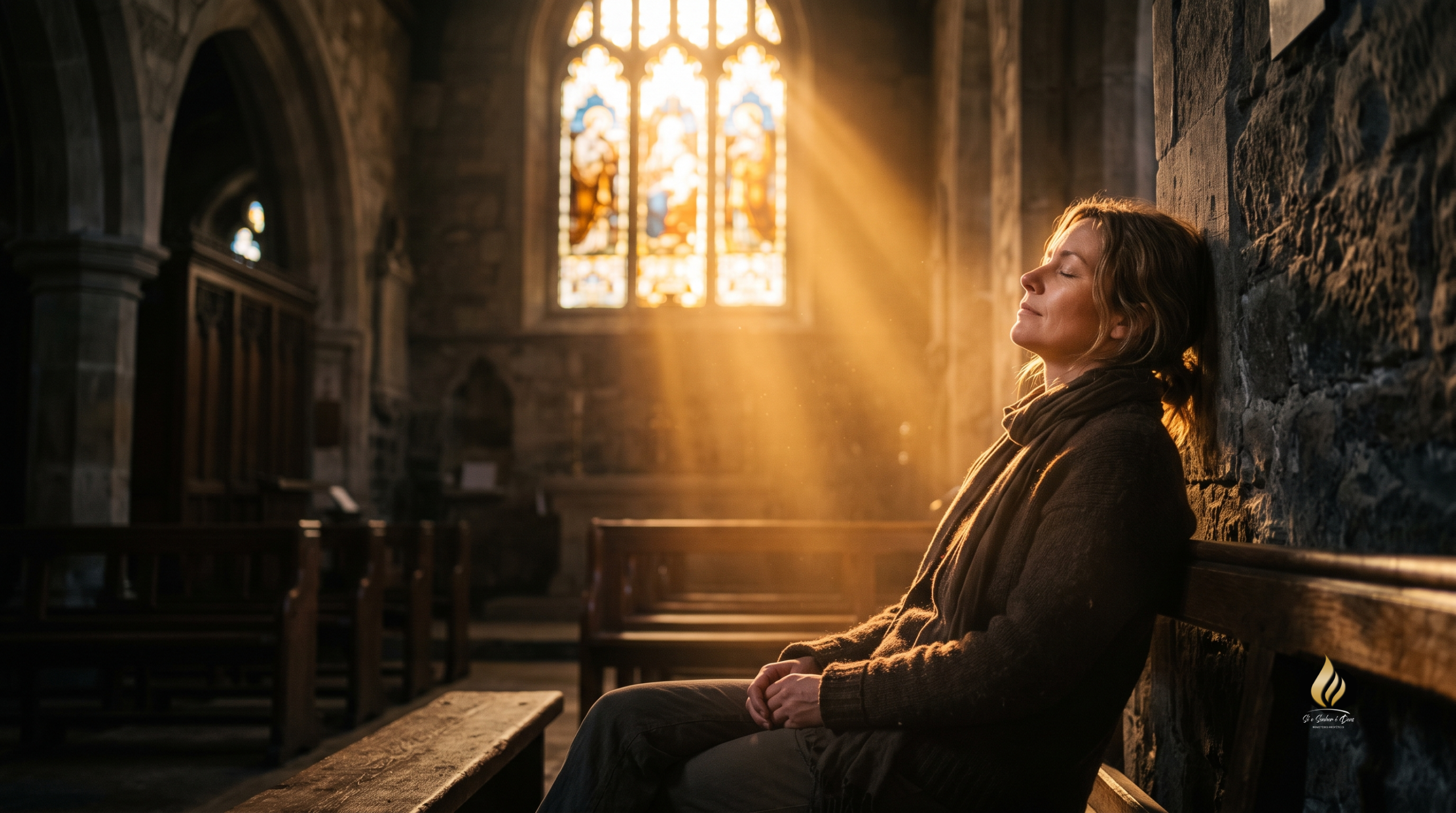 Imagem realista e cinematográfica de uma pessoa sendo banhada por uma luz divina quente e curadora, ilustrando o encontro do descanso para a sua alma cansada através do amor de Jesus Cristo.
