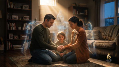 Pais de mãos dadas orando fervorosamente juntos em casa, cercados sutilmente por uma armadura brilhante, ilustrando a vitória na batalha espiritual na família.