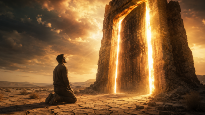 Pessoa ajoelhada com fé em um cenário seco diante de uma porta iluminada por luz divina, representando a escolha de permanecer nas promessas de Deus.